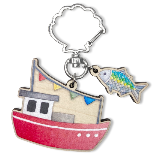 Wooden Keyring - Fishing Boat and Fish - Maple Wood Key Chain with Shell Clasp