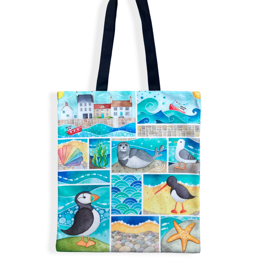 Seaside Shopping Bag - Cotton Tote Bag - Seagulls, Seals & Puffins