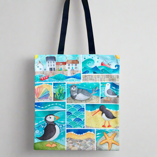 Tote Bag - Seaside Collage with Seagulls, Seals & Puffins - Shopping Bag