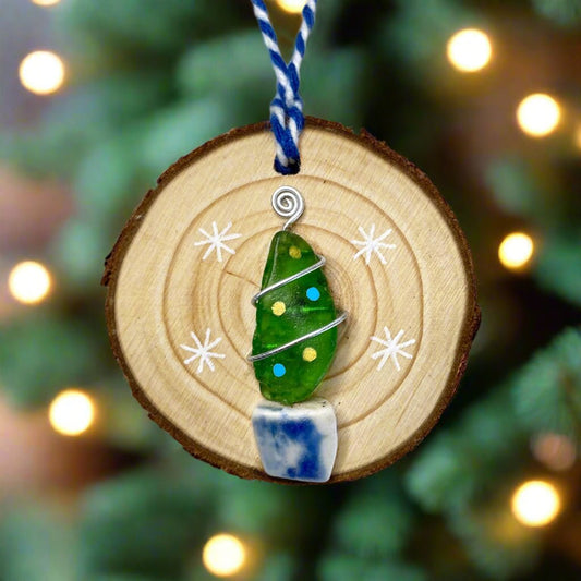 Christmas Tree - Handmade Green Sea Glass & Beach Pottery Wooden Decoration - East Neuk Beach Crafts