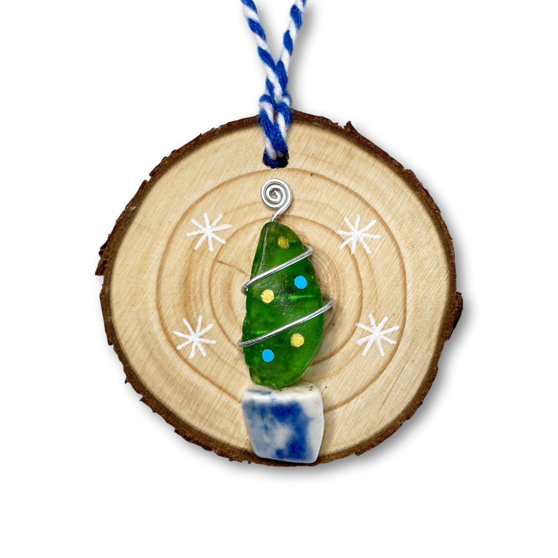 Christmas Tree - Handmade Green Sea Glass & Beach Pottery Wooden Decoration - East Neuk Beach Crafts