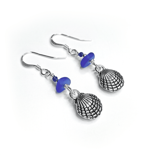 Clam Shell Earrings - Blue Sea Glass and Kyanite Sterling Silver Jewellery - East Neuk Beach Crafts