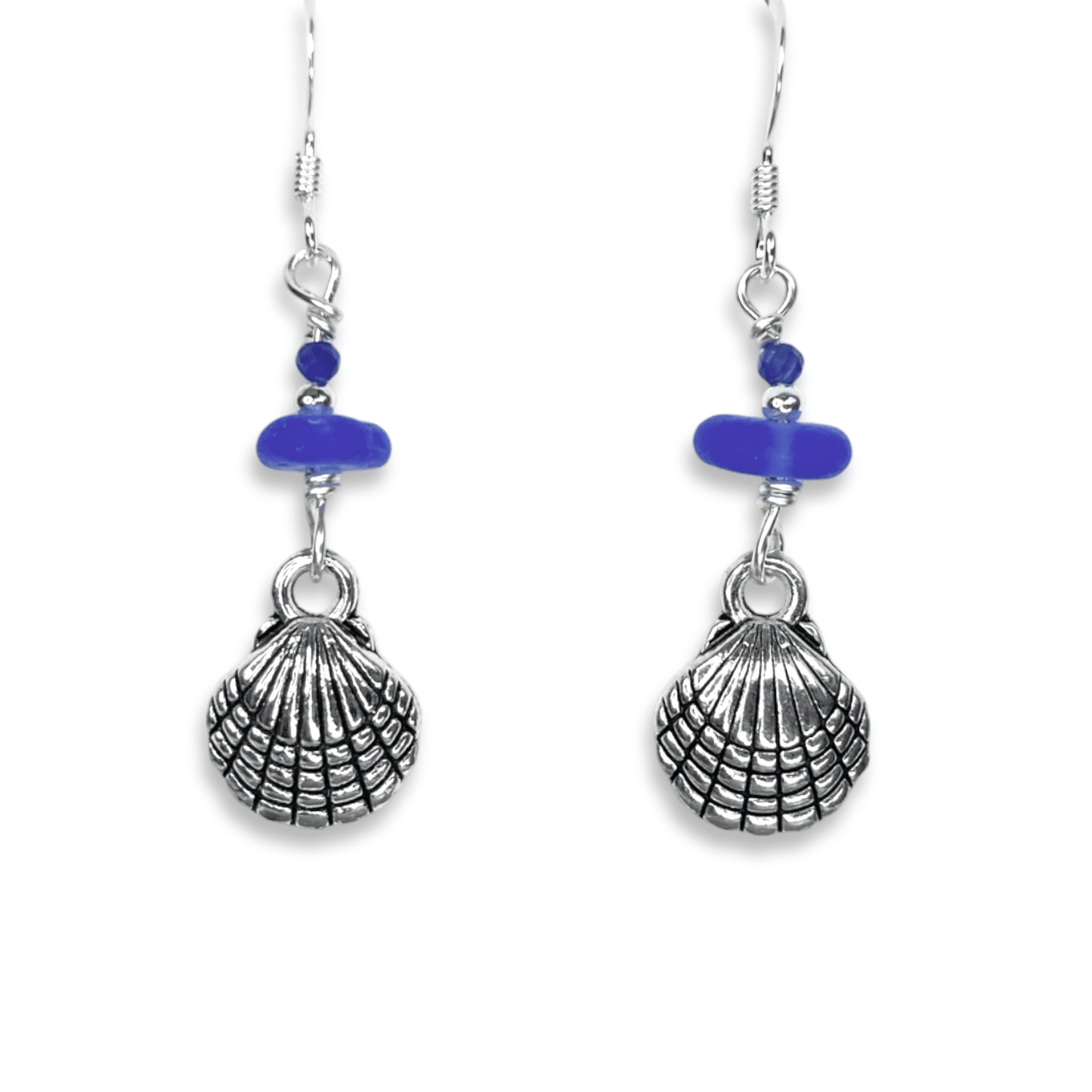 Clam Shell Earrings - Blue Sea Glass and Kyanite Sterling Silver Jewellery - East Neuk Beach Crafts