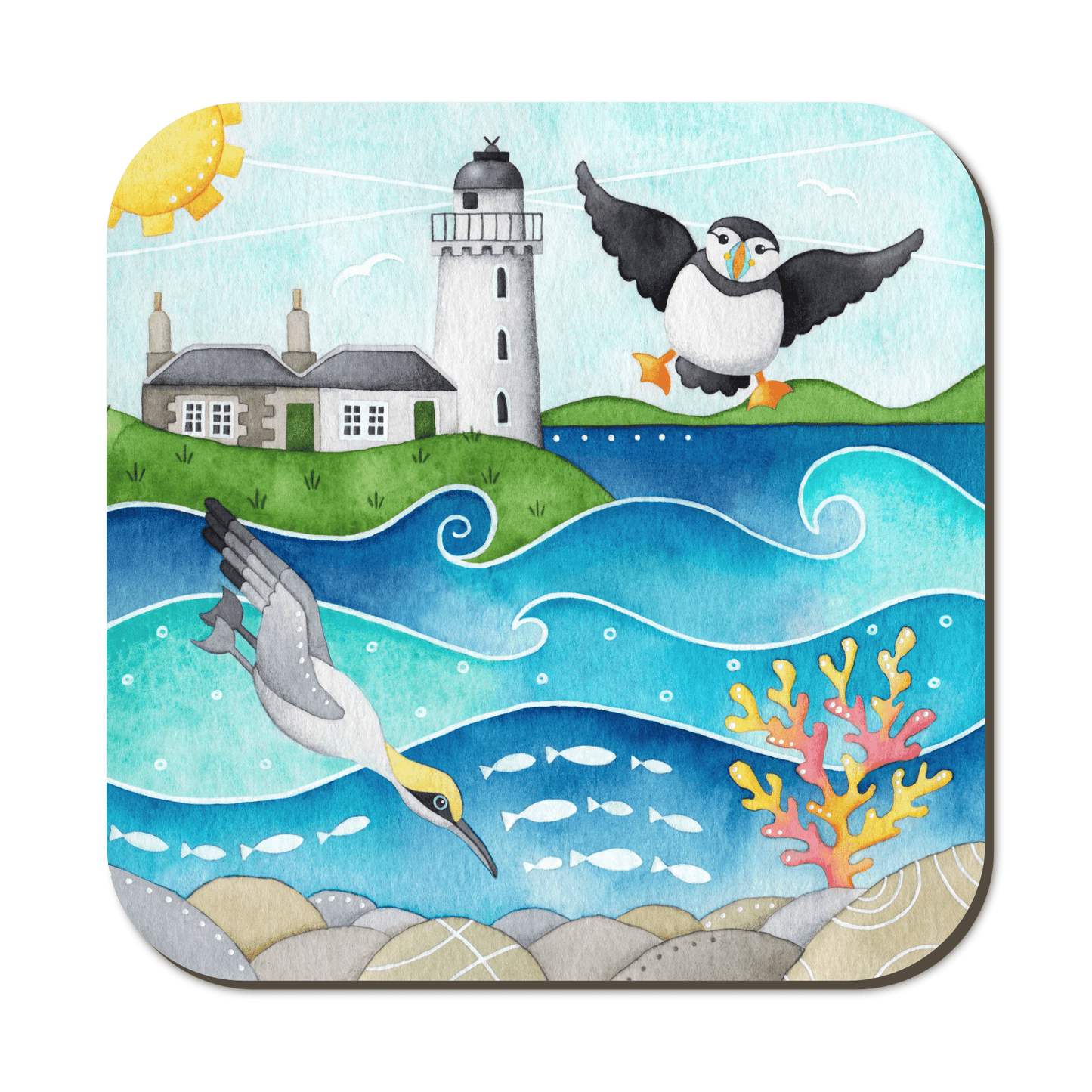 Coaster - Puffin, Diving Gannet & Lighthouse, Isle of May - Seaside Watercolours, East Neuk of Fife - East Neuk Beach Crafts