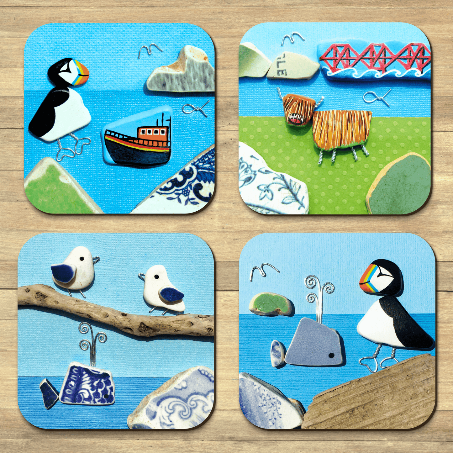 Coaster Set x 4 - Beach Pebble Art - Puffins, Seagulls, Blue Tits, Highland Cows - Save £2 - East Neuk Beach Crafts