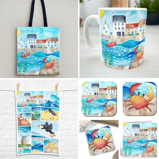 Crab Gift Bundle - Crail Harbour - Tote, Mug, Coasters, Tea Towel, Fridge Magnet, Card - Save £5 - East Neuk Beach Crafts