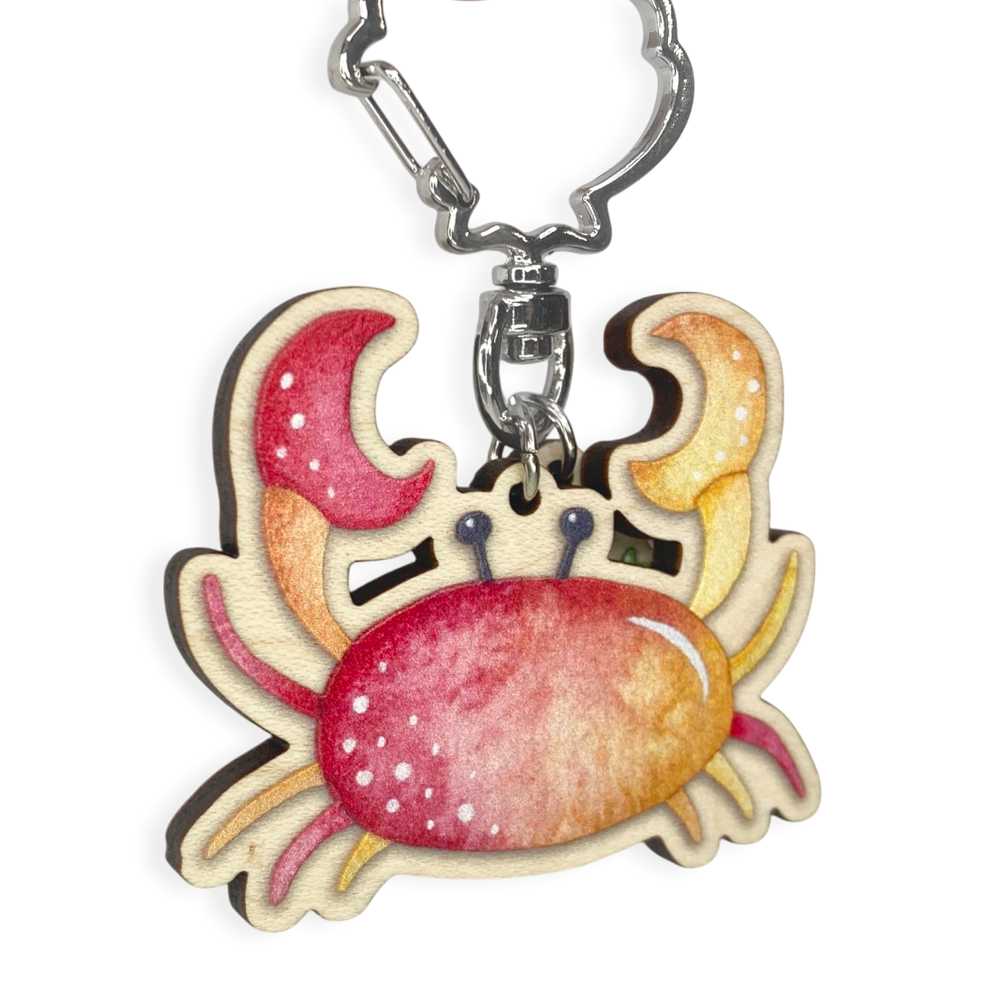 Wooden Keyring - Crab and Seaweed - Maple Wood Key Chain with Shell Clasp