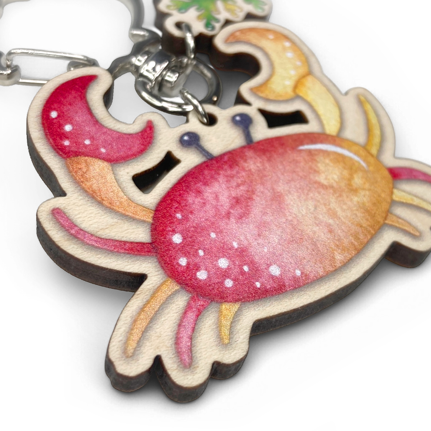 Wooden Keyring - Crab and Seaweed - Maple Wood Key Chain with Shell Clasp