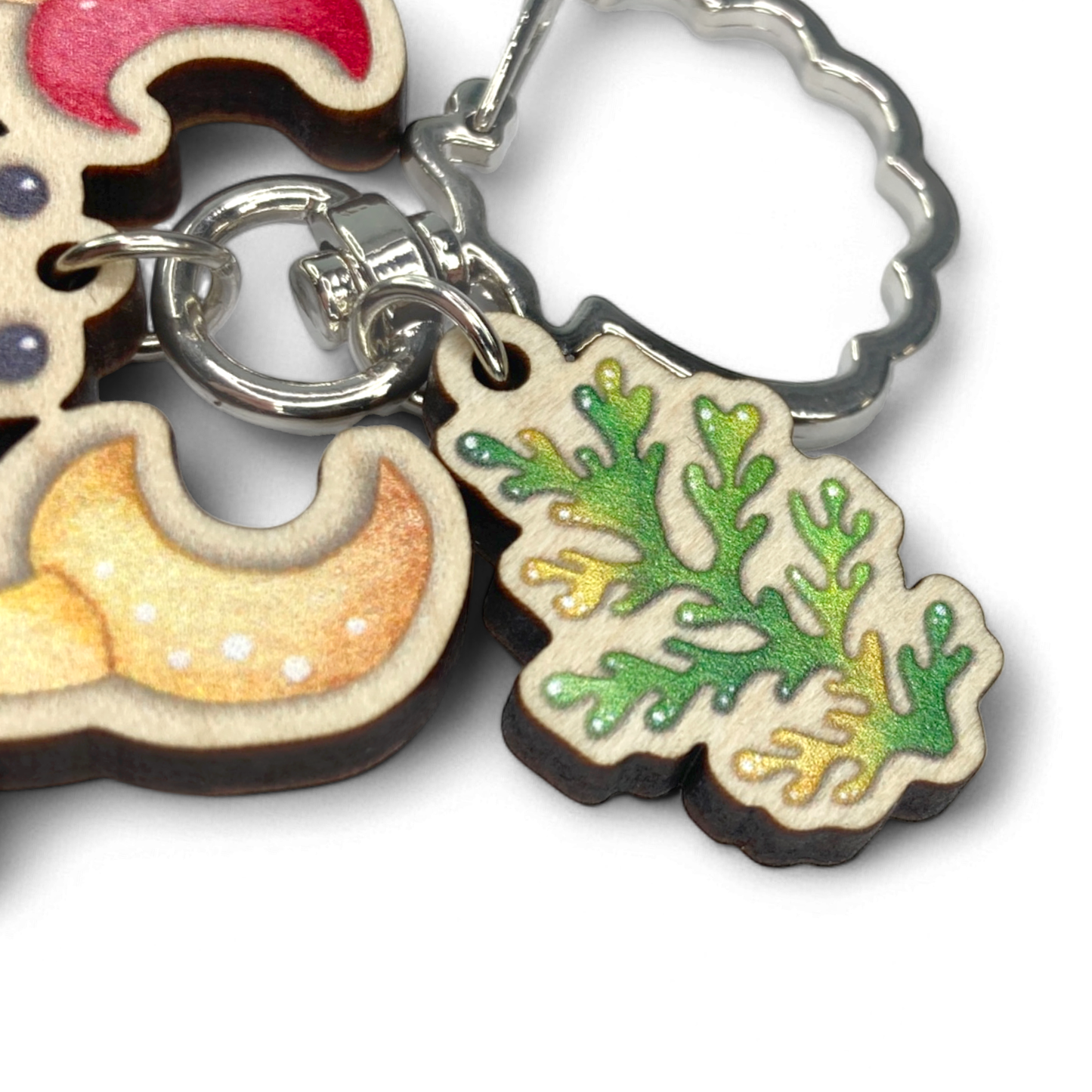 Wooden Keyring - Crab and Seaweed - Maple Wood Key Chain with Shell Clasp