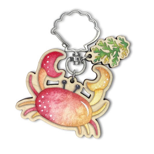 Wooden Keyring - Crab and Seaweed - Maple Wood Key Chain with Shell Clasp