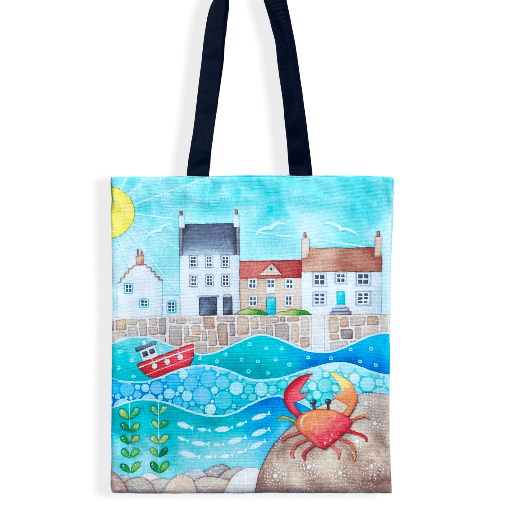 Crail Shopping Bag - Seaside Tote Bag - Crab at Crail Harbour - East Neuk Beach Crafts