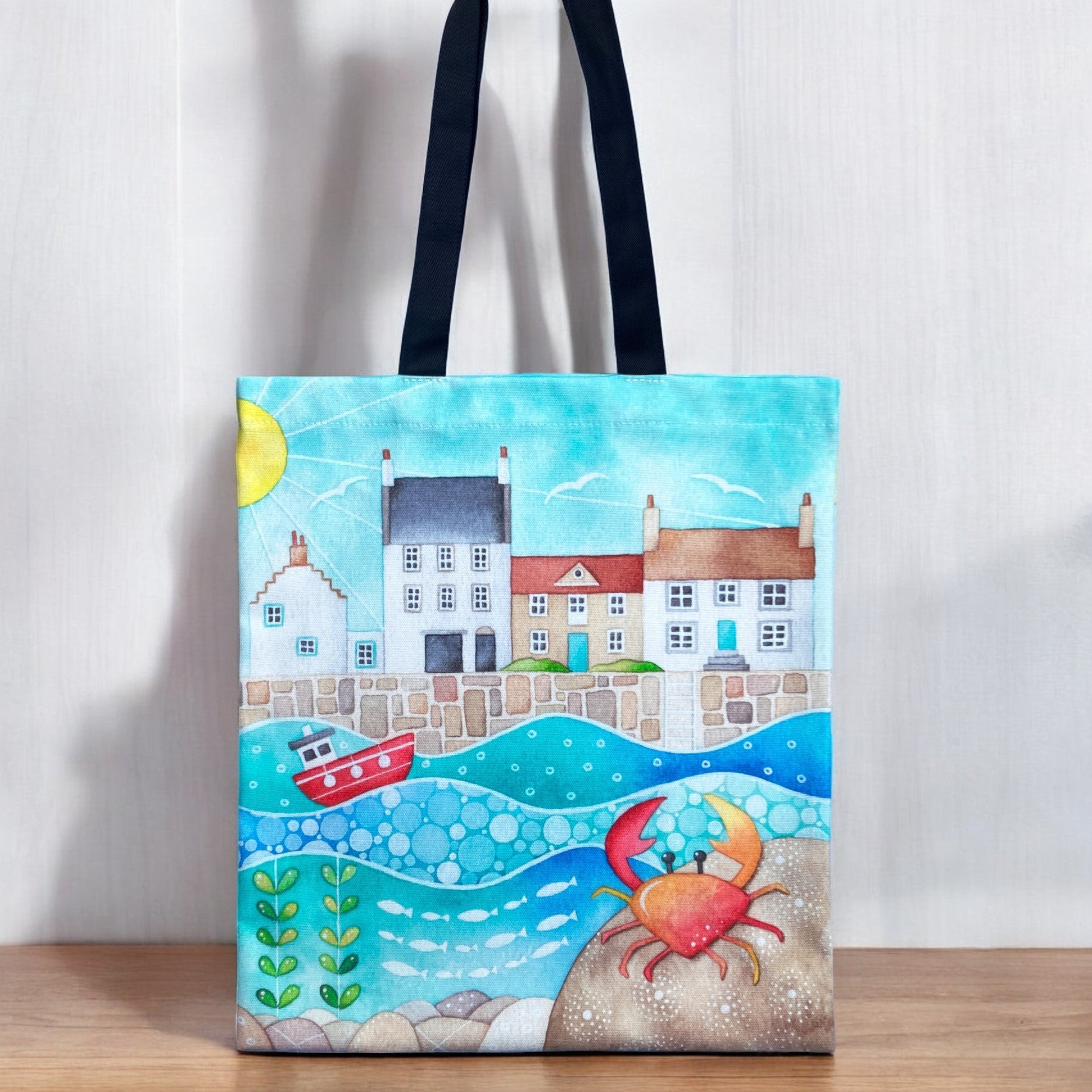 Crail Shopping Bag - Seaside Tote Bag - Crab at Crail Harbour - East Neuk Beach Crafts