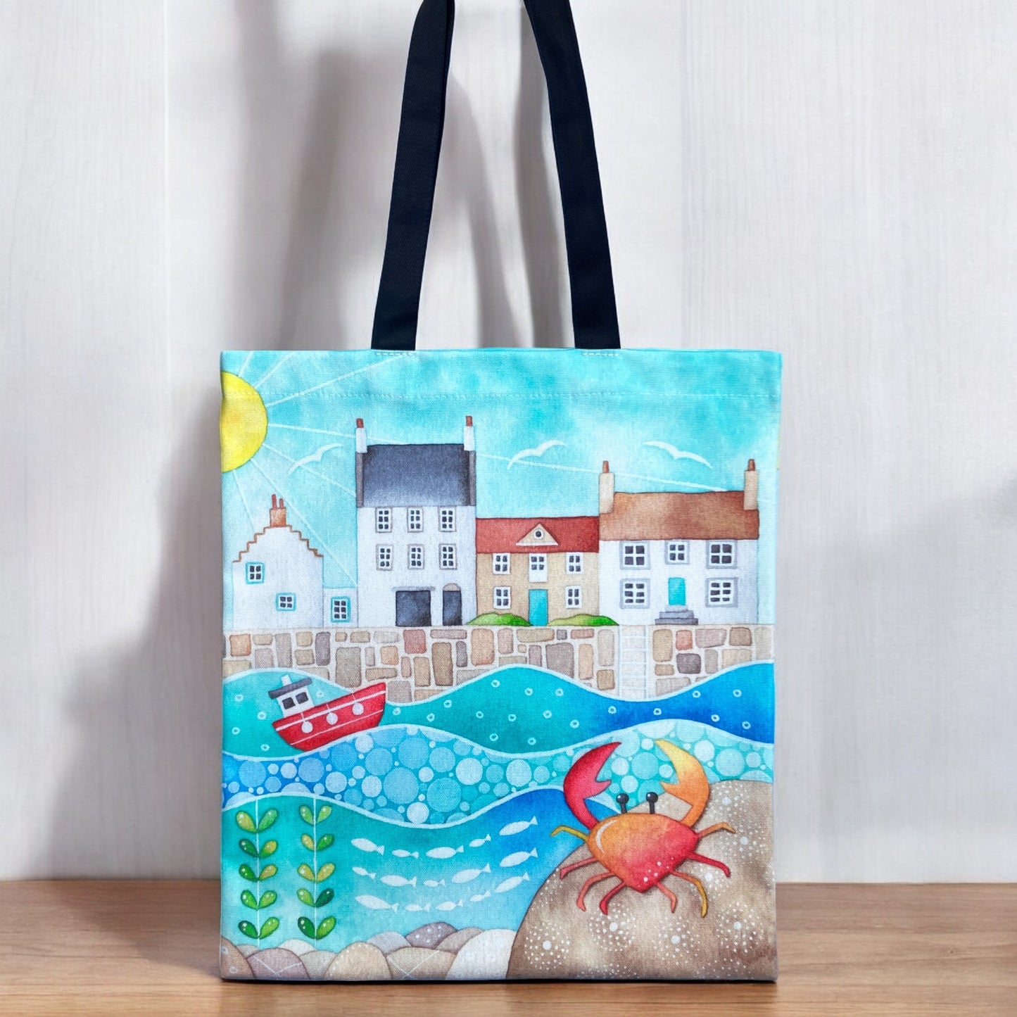 Crail Shopping Bag - Seaside Tote Bag - Crab at Crail Harbour