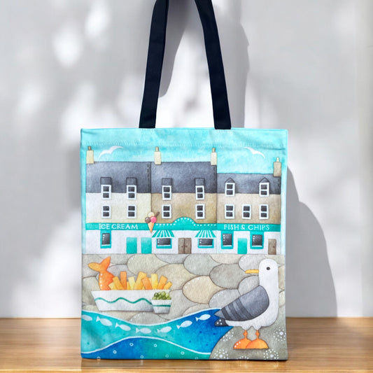 Seagull Shopping Bag - Seaside Tote Bag - Seagull with Fish and Chips