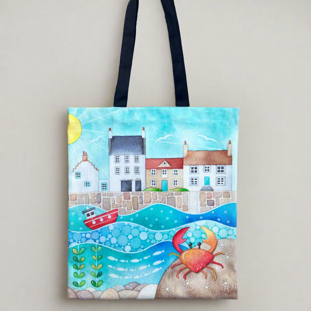 Crail Shopping Bag - Seaside Tote Bag - Crab at Crail Harbour