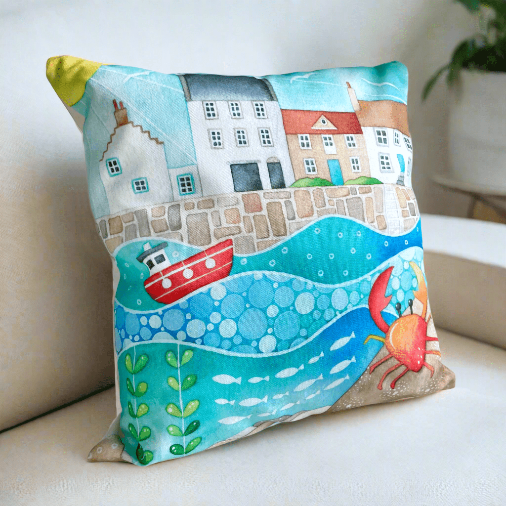 Cushion Cover - Crab at Crail Harbour - Seaside Watercolours - East Neuk Beach Crafts