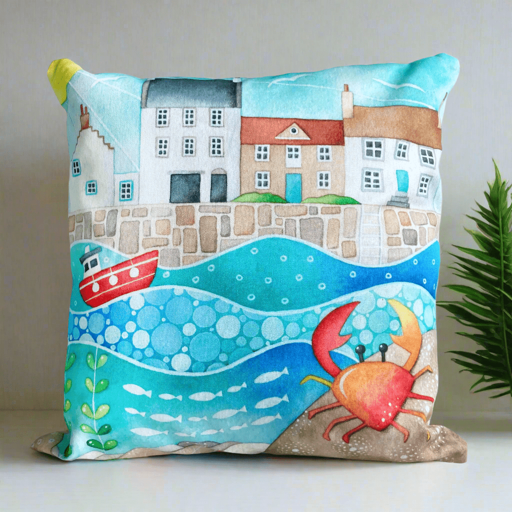 Cushion Cover - Crab at Crail Harbour - Seaside Watercolours - East Neuk Beach Crafts