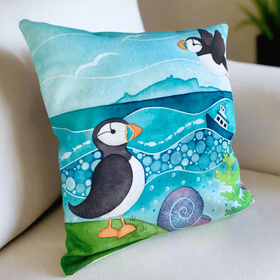 Cushion Cover - Puffins and the Isle of May - Seaside Watercolours - East Neuk Beach Crafts