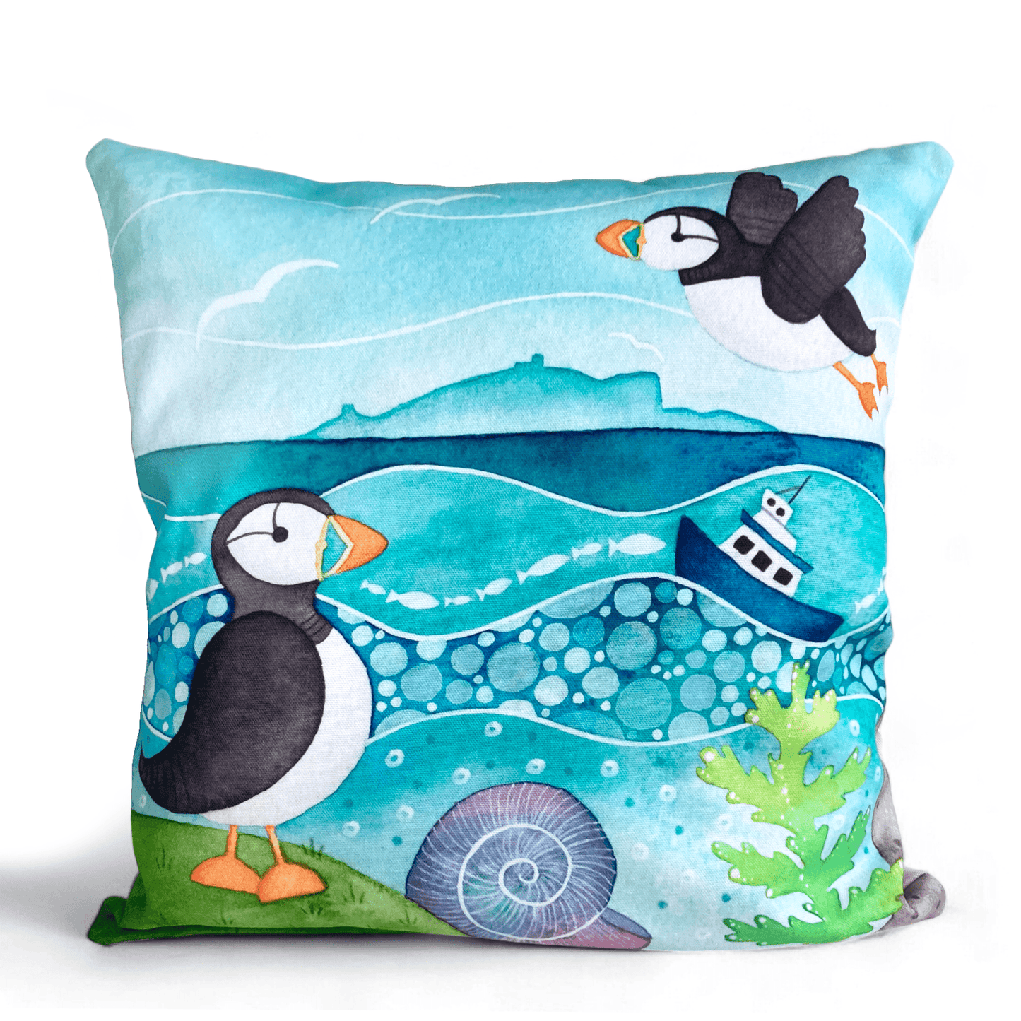 Cushion Cover - Puffins and the Isle of May - Seaside Watercolours - East Neuk Beach Crafts