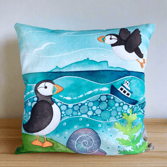 Cushion Cover - Puffins and the Isle of May - Seaside Watercolours - East Neuk Beach Crafts