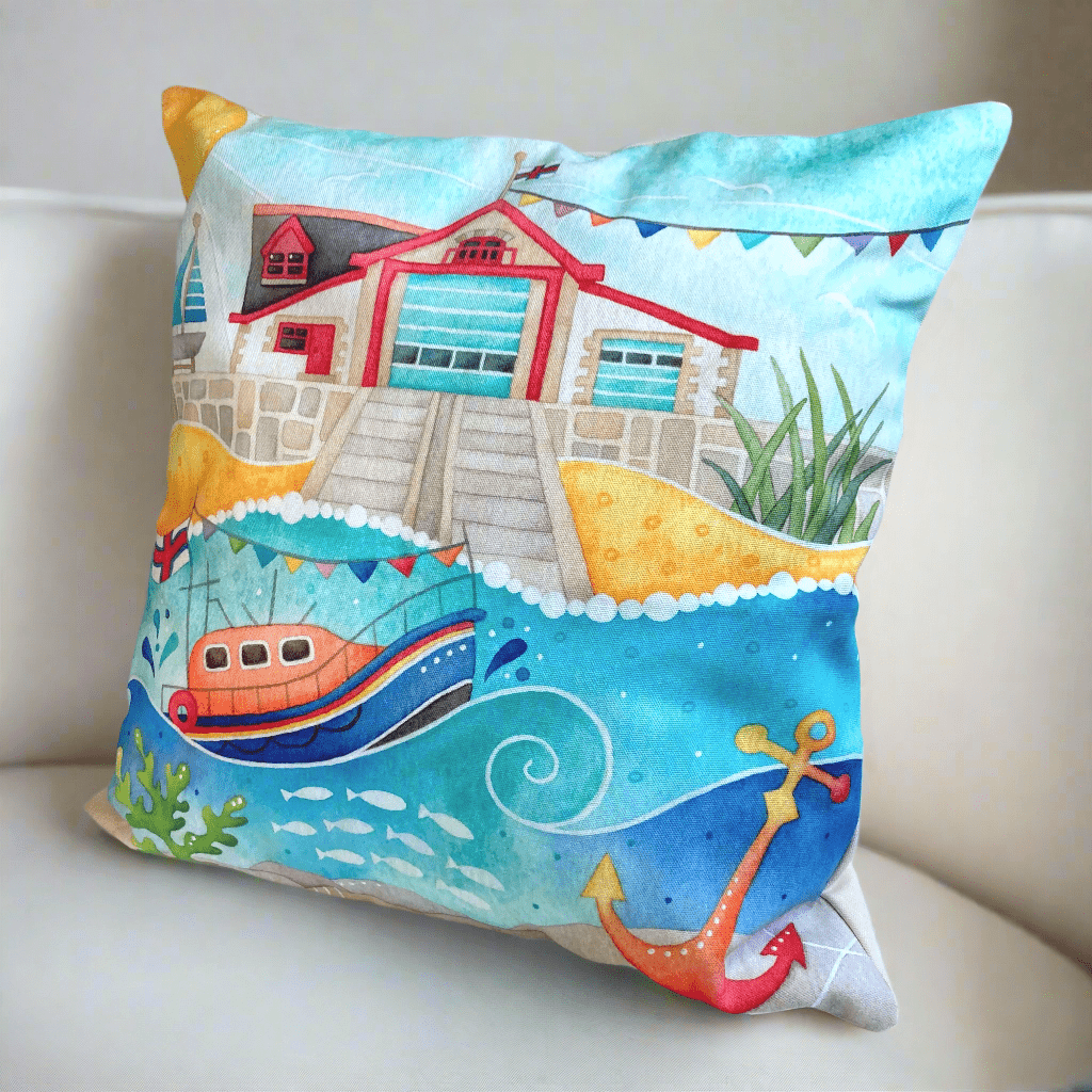 Cushion Cover - RNLI Lifeboat at Anstruther - Seaside Watercolours - East Neuk Beach Crafts