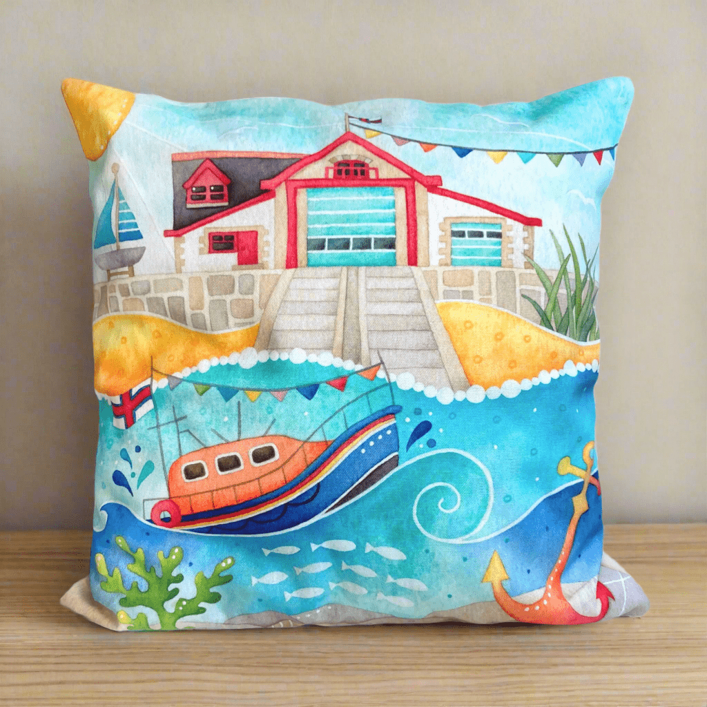 Cushion Cover - RNLI Lifeboat at Anstruther - Seaside Watercolours - East Neuk Beach Crafts