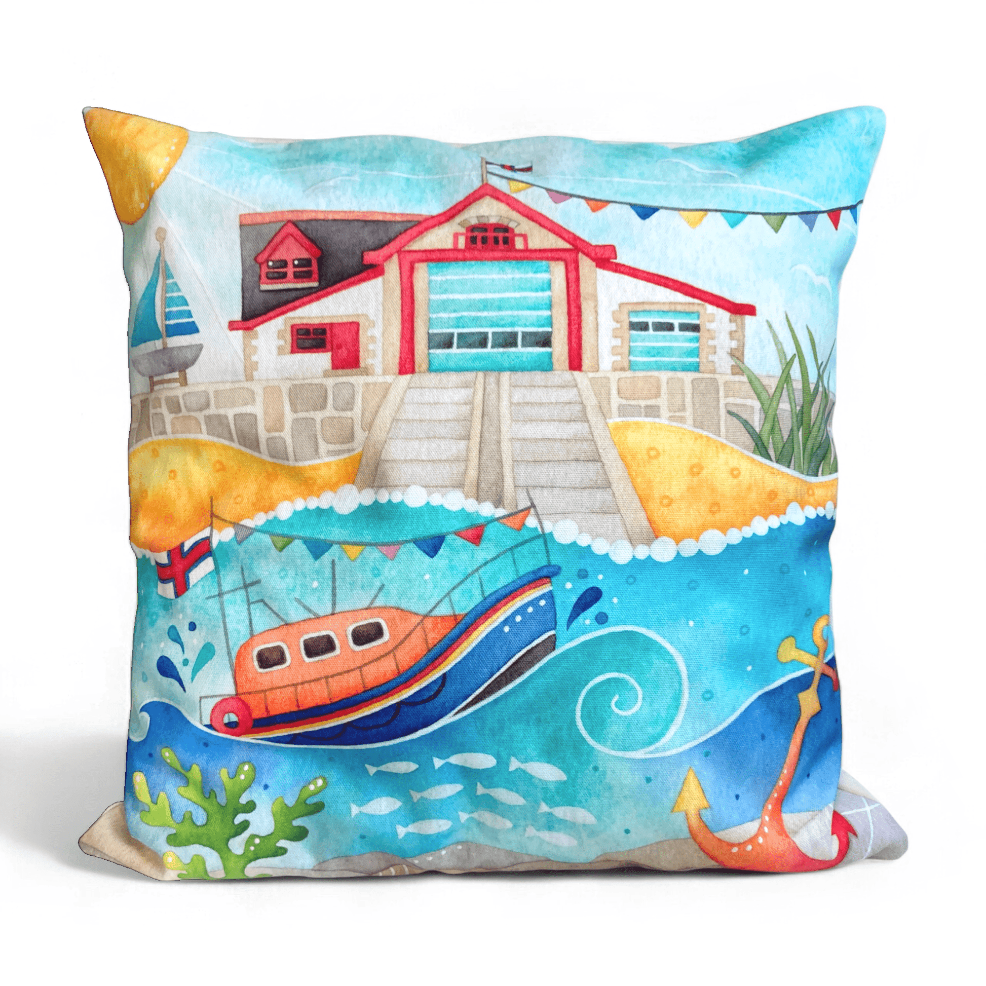 Cushion Cover - RNLI Lifeboat at Anstruther - Seaside Watercolours - East Neuk Beach Crafts