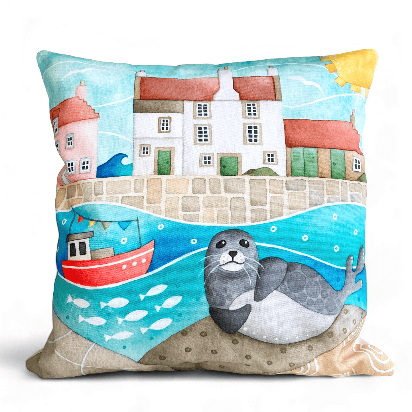 Cushion Cover - Sammy Seal at Pittenweem Harbour - Seaside Watercolours - East Neuk Beach Crafts