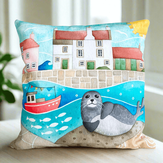 Cushion Cover - Sammy Seal at Pittenweem Harbour - Seaside Watercolours - East Neuk Beach Crafts