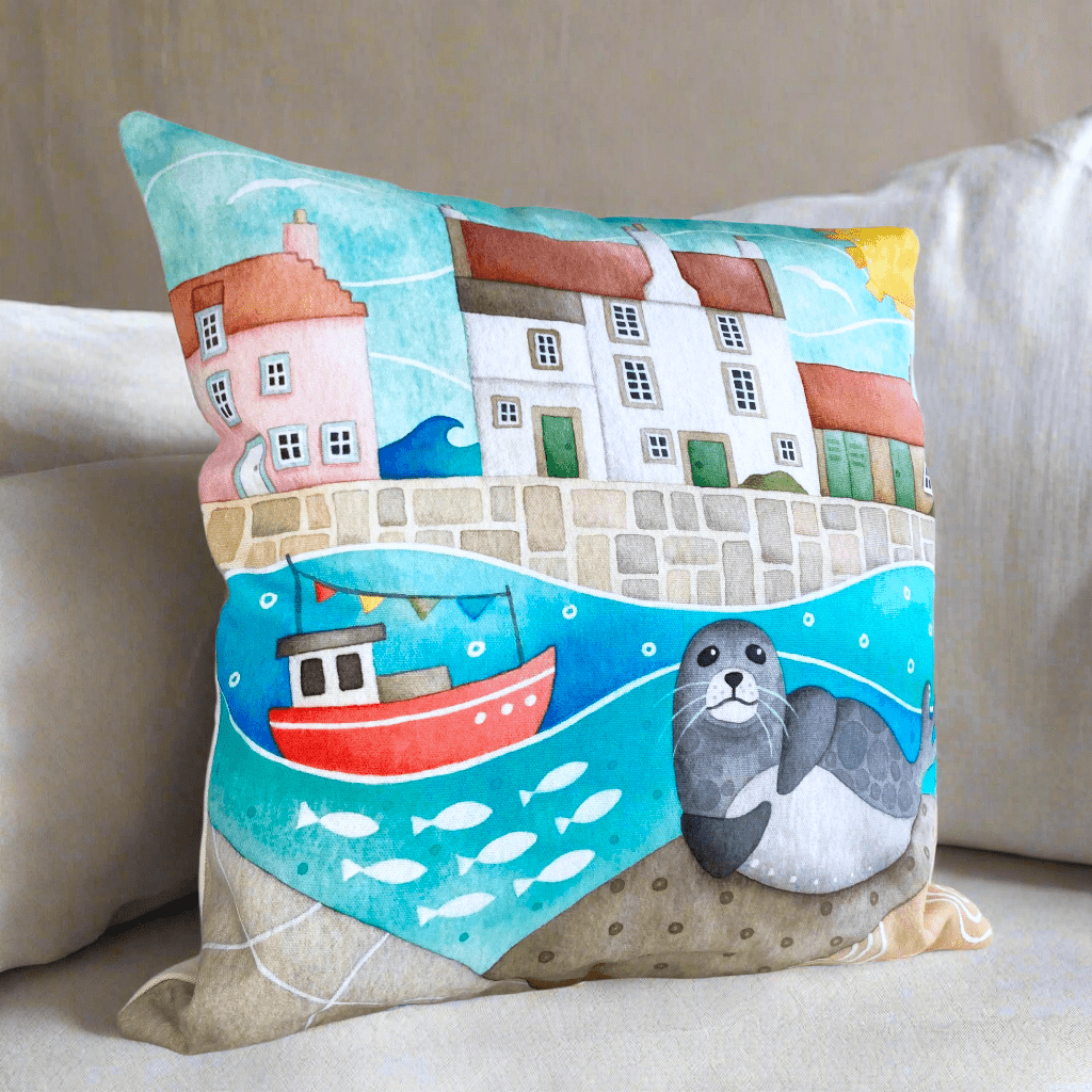 Cushion Cover - Sammy Seal at Pittenweem Harbour - Seaside Watercolours - East Neuk Beach Crafts