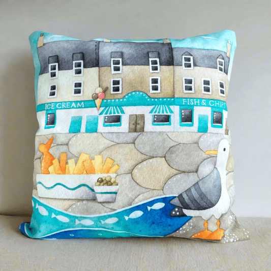 Cushion Cover - Seagull and Fish & Chips - Seaside Watercolours - East Neuk Beach Crafts