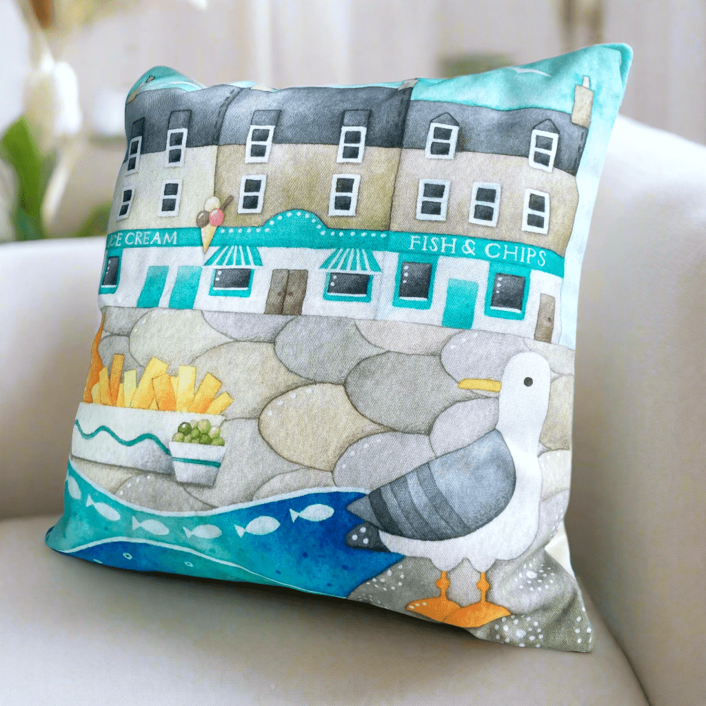 Cushion Cover - Seagull and Fish & Chips - Seaside Watercolours - East Neuk Beach Crafts