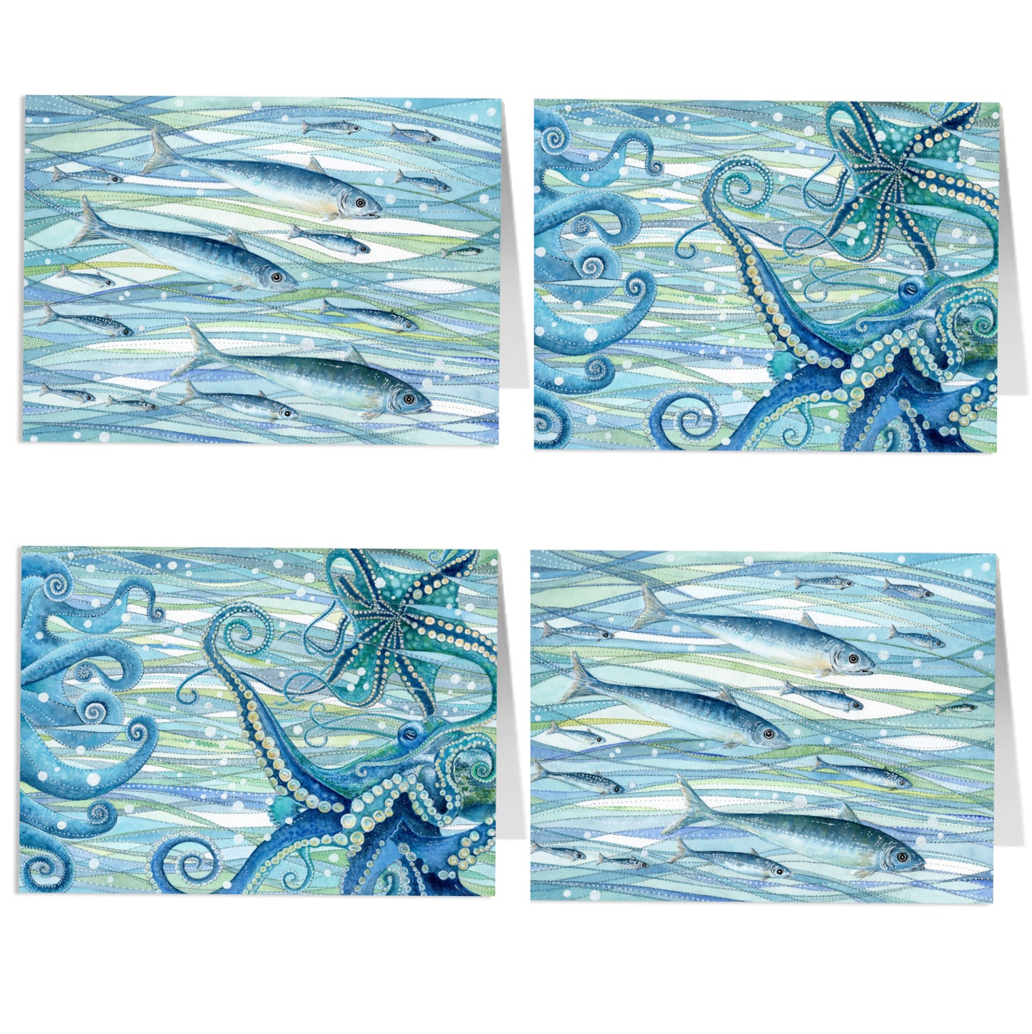 Greetings Cards (Pack of 4) "Silvery Seas" Fish and Octopus - Save £2