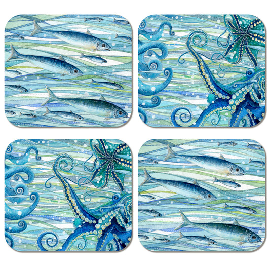 Coaster Set x 4 - Fish and Octopus - Coastal Watercolour Art