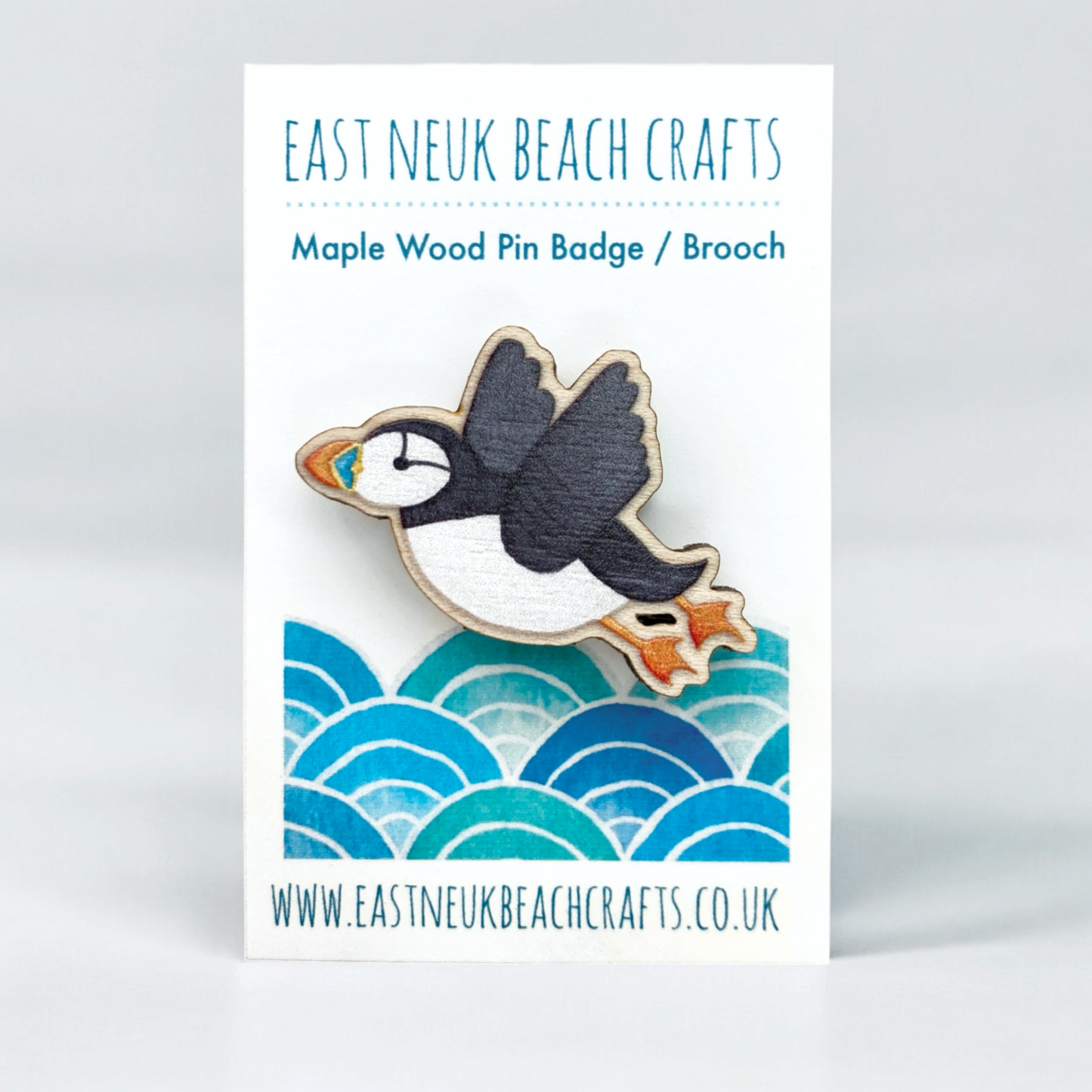 Wooden Pin Badge - Flying Puffin - Maple Wood Brooch