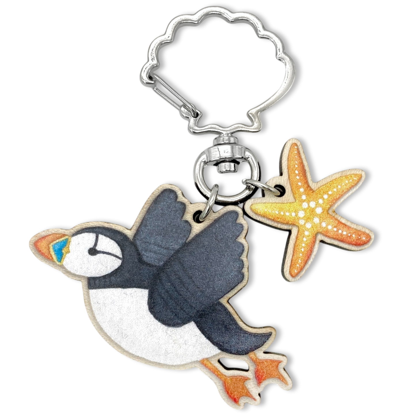 Wooden Keyring - Puffin with Starfish - Maple Wood Key Chain with Shell Clasp