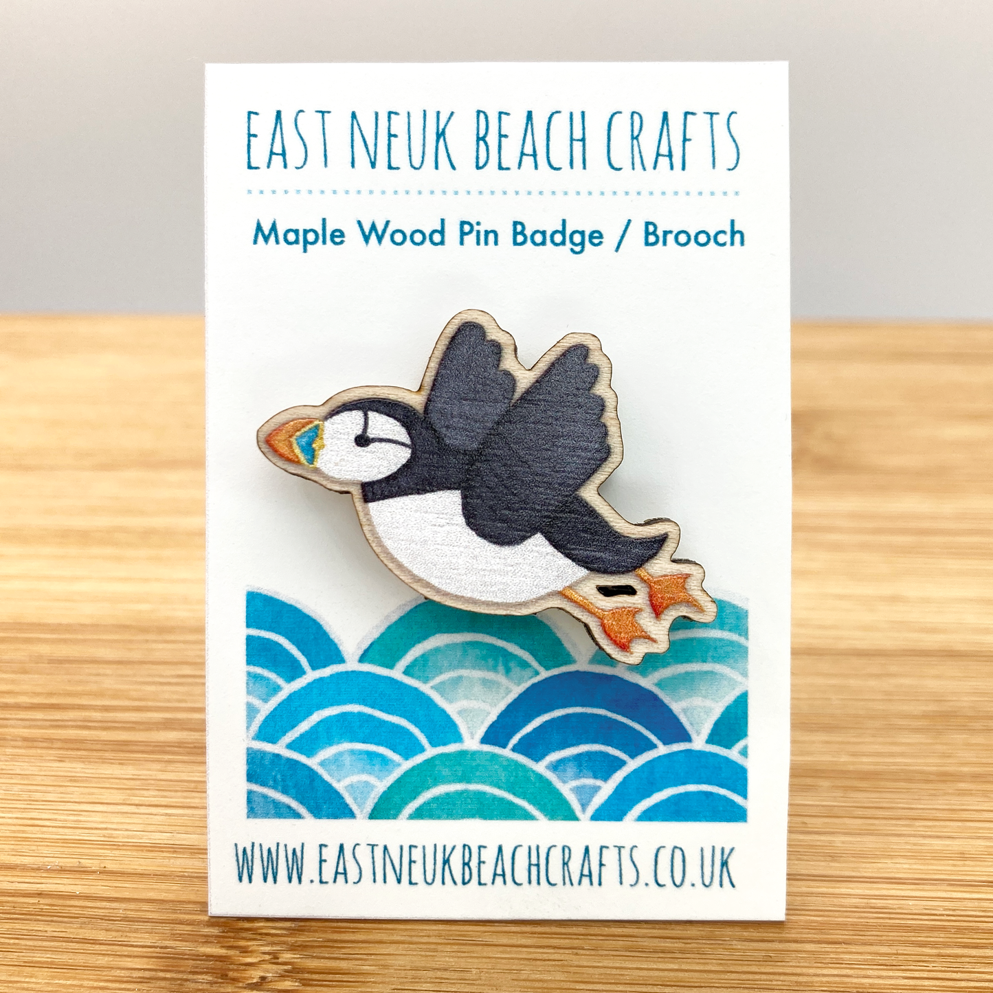 Wooden Pin Badge - Flying Puffin - Maple Wood Brooch