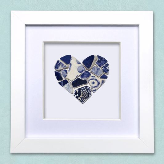 Framed Beach Pottery Heart - Dark Blue Original Antique China Coastal Wall Art - East Neuk Beach Crafts