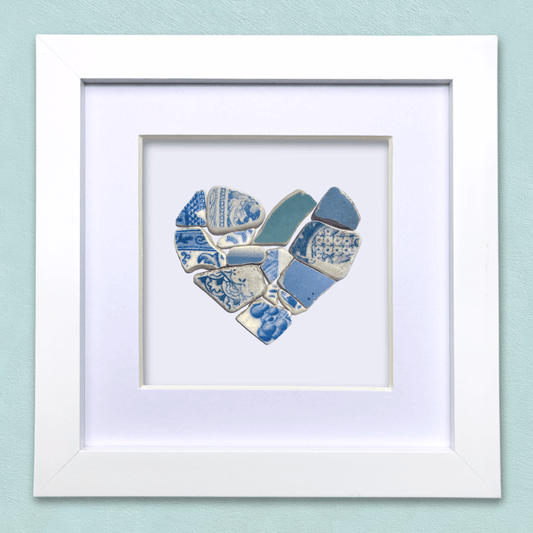 Framed Beach Pottery Heart - Sky Blue Original Antique China Coastal Wall Art - East Neuk Beach Crafts