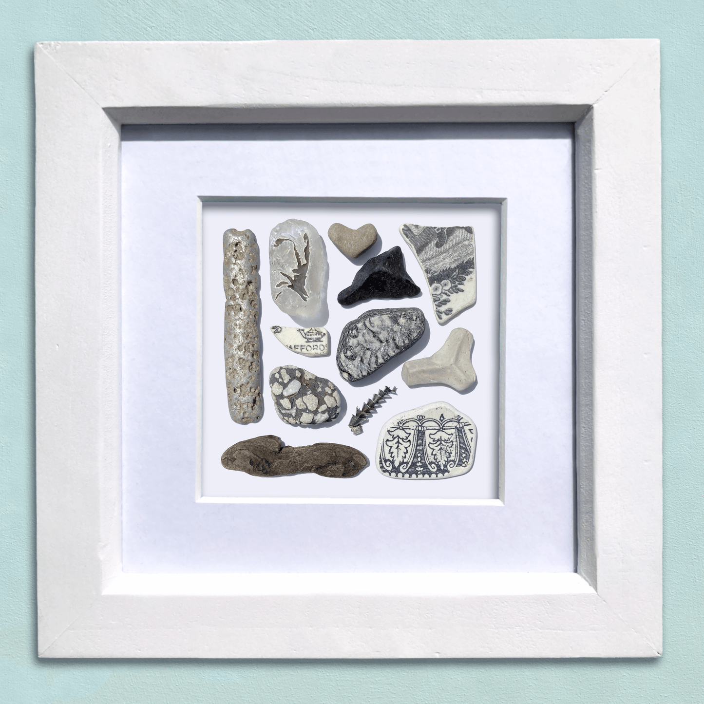 Framed Beach Wall Art - Beachcombing Curiosities Collage - Beautiful Blacks - Sea Glass, Victorian Pottery, Driftwood - East Neuk Beach Crafts