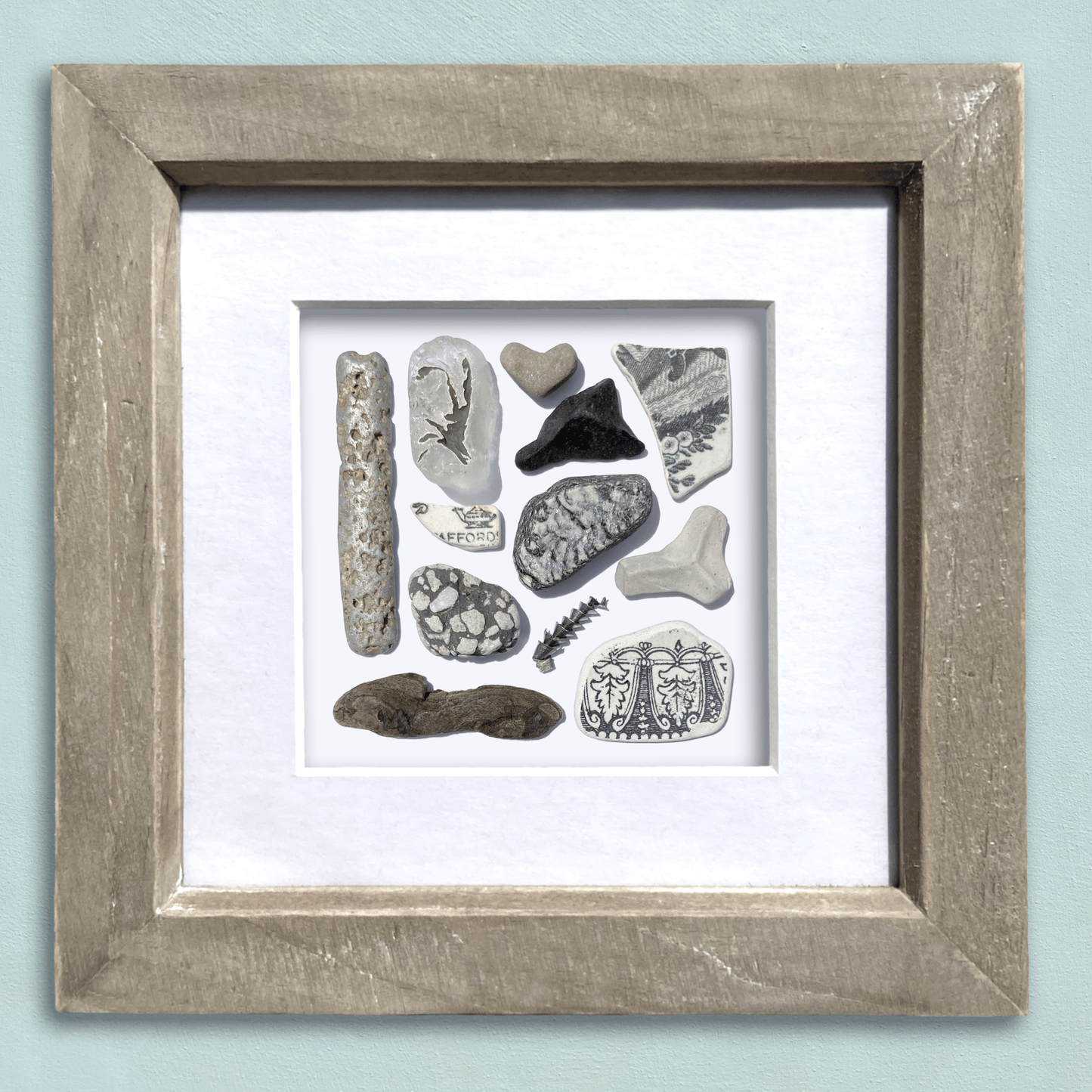 Framed Beach Wall Art - Beachcombing Curiosities Collage - Beautiful Blacks - Sea Glass, Victorian Pottery, Driftwood - East Neuk Beach Crafts