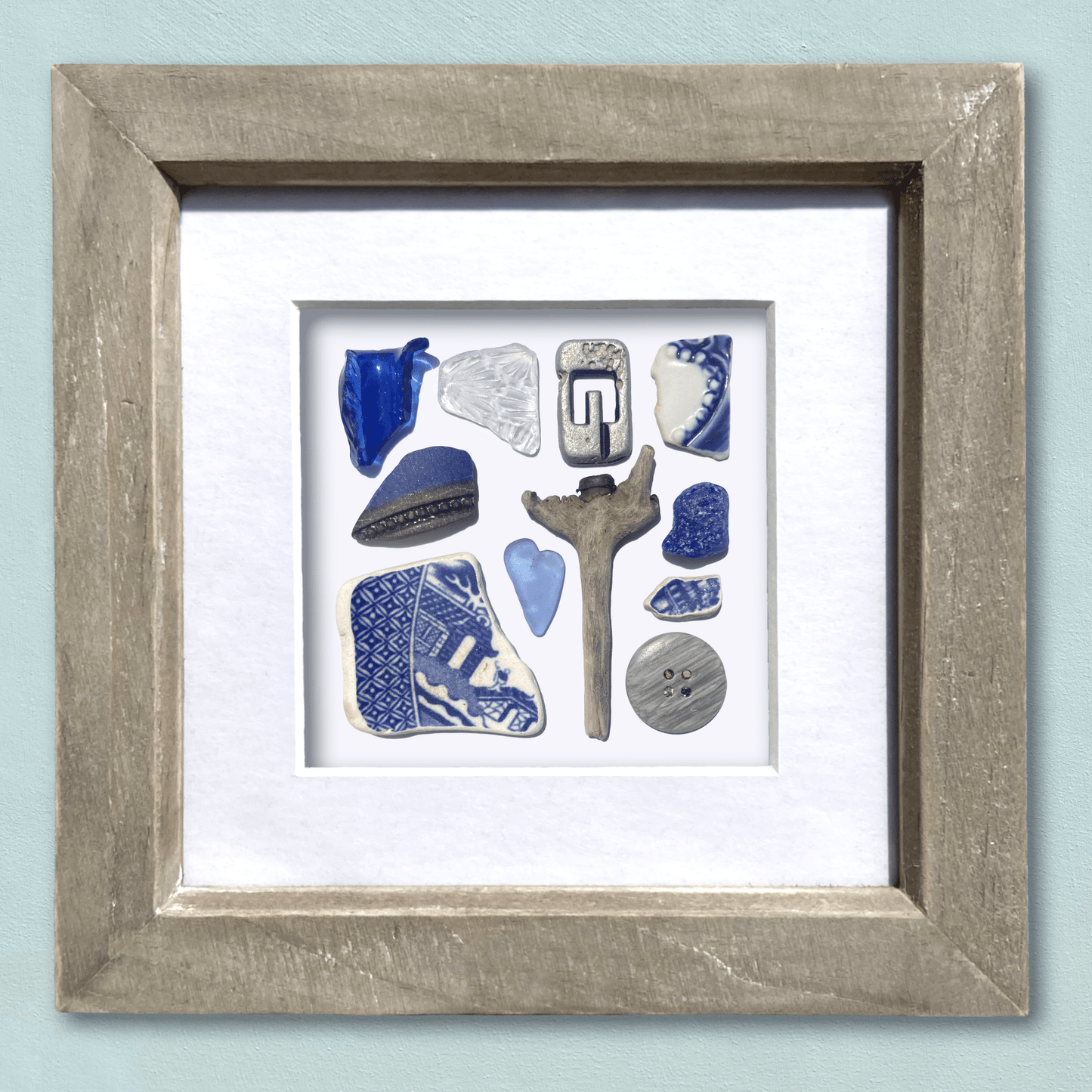 Framed Beach Wall Art - Beachcombing Curiosities Collage - Beautiful Blues - Sea Glass, Victorian Pottery, Driftwood - East Neuk Beach Crafts