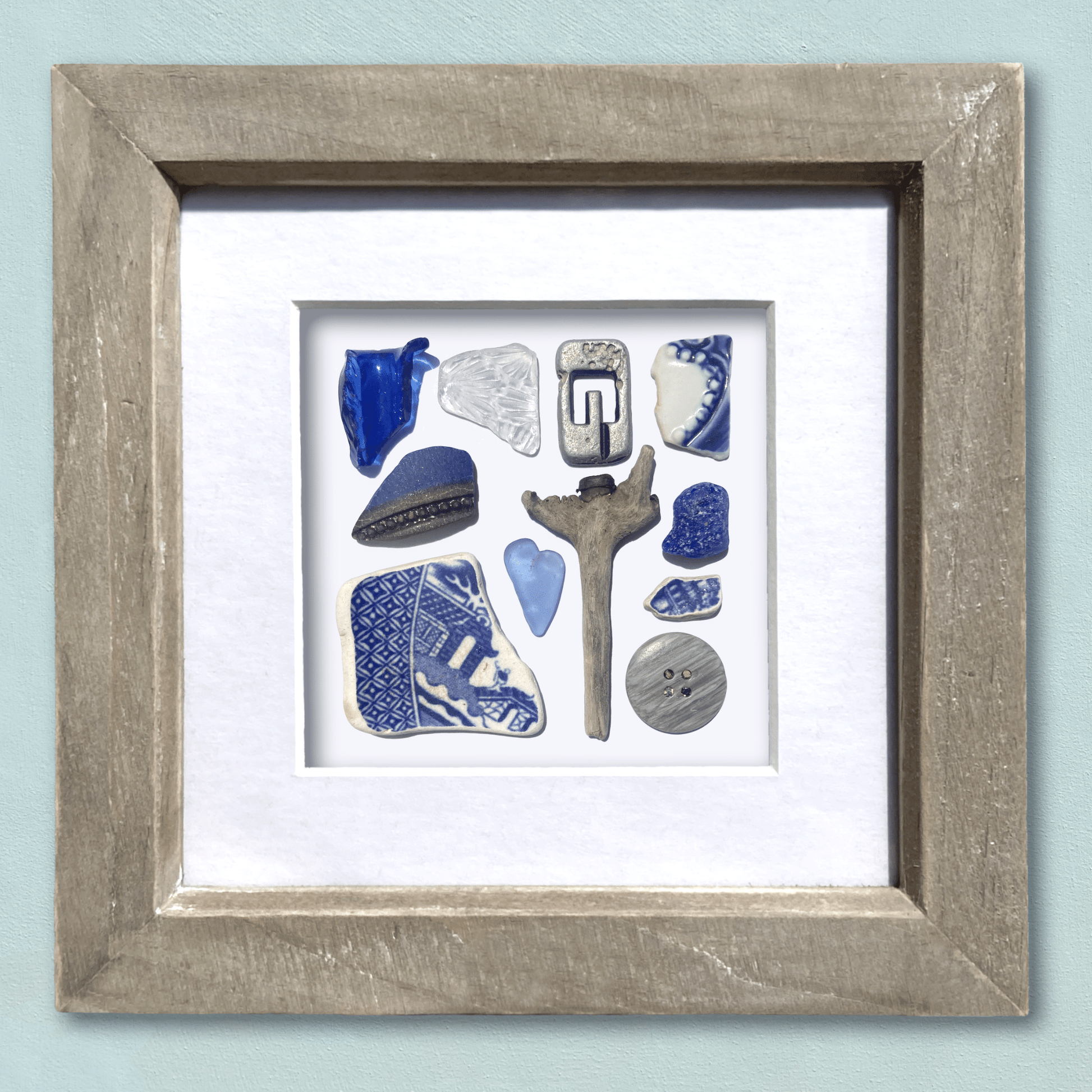 Framed Beach Wall Art - Beachcombing Curiosities Collage - Beautiful Blues - Sea Glass, Victorian Pottery, Driftwood - East Neuk Beach Crafts