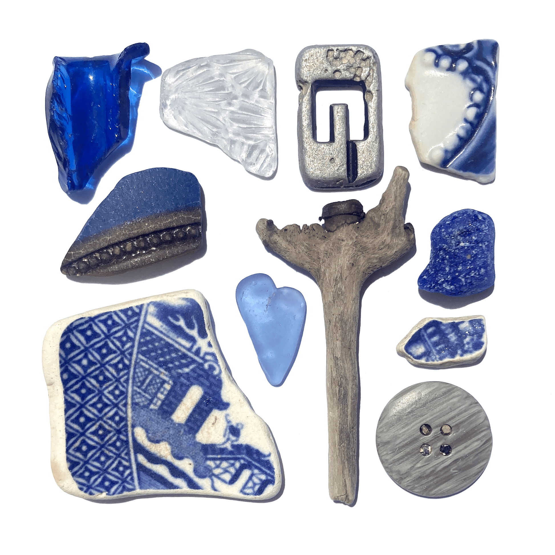 Framed Beach Wall Art - Beachcombing Curiosities Collage - Beautiful Blues - Sea Glass, Victorian Pottery, Driftwood - East Neuk Beach Crafts