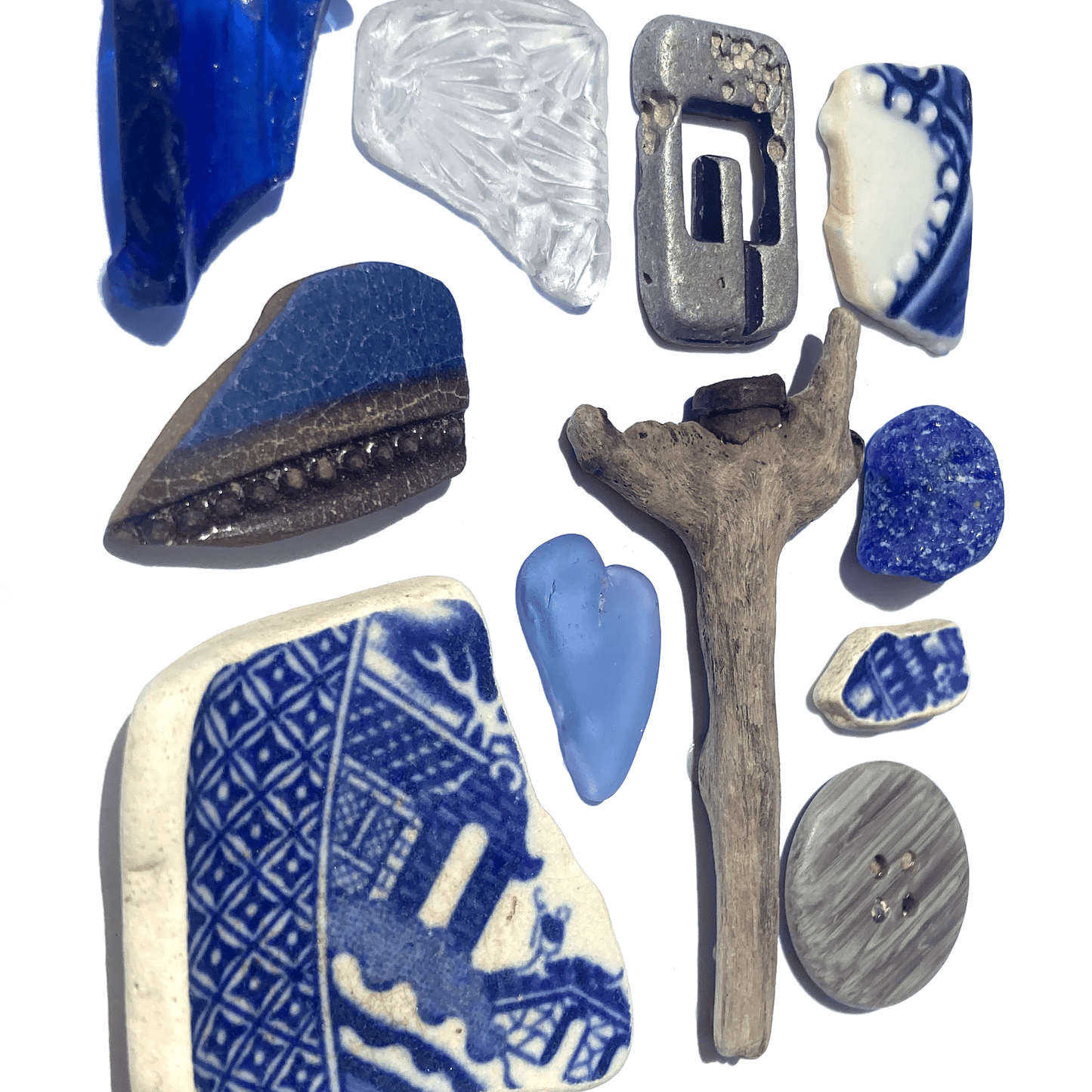 Framed Beach Wall Art - Beachcombing Curiosities Collage - Beautiful Blues - Sea Glass, Victorian Pottery, Driftwood - East Neuk Beach Crafts