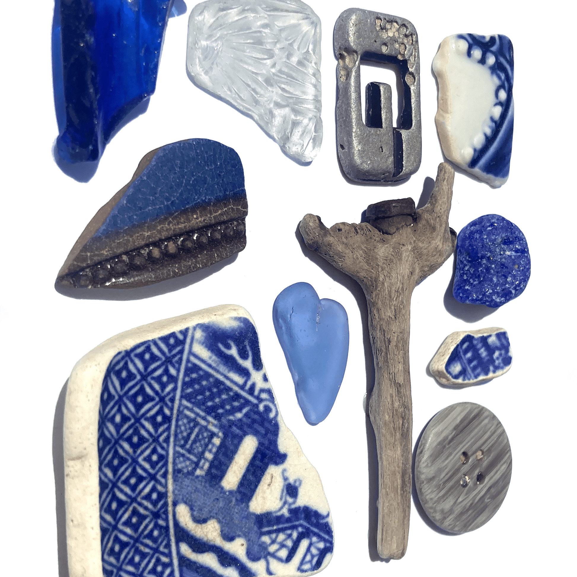 Framed Beach Wall Art - Beachcombing Curiosities Collage - Beautiful Blues - Sea Glass, Victorian Pottery, Driftwood - East Neuk Beach Crafts