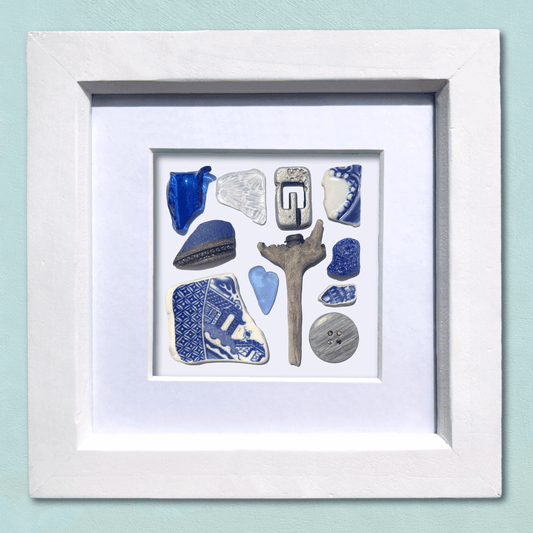 Framed Beach Wall Art - Beachcombing Curiosities Collage - Beautiful Blues - Sea Glass, Victorian Pottery, Driftwood - East Neuk Beach Crafts