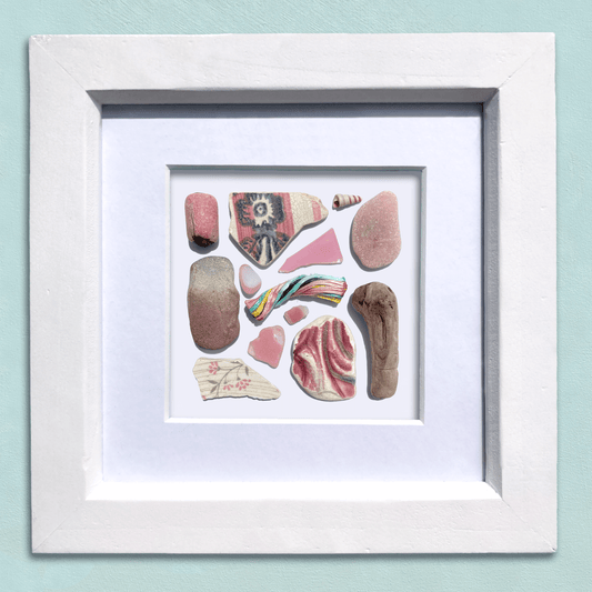 Framed Beach Wall Art - Beachcombing Curiosities Collage - Pretty Pinks - Sea Glass, Victorian Pottery, Driftwood - East Neuk Beach Crafts