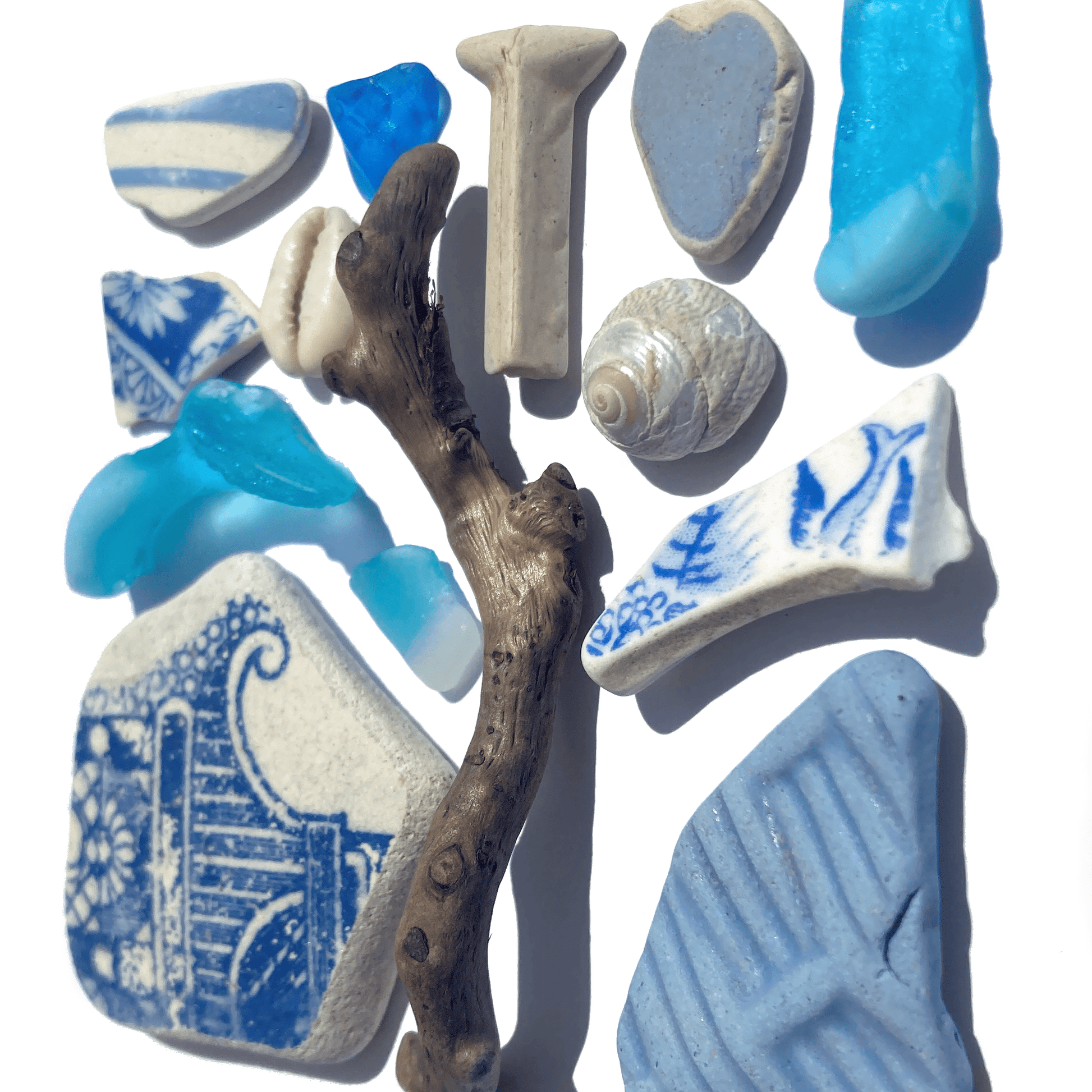 Framed Beach Wall Art - Beachcombing Curiosities Collage - Tranquil Turquoise - Sea Glass, Victorian Pottery, Driftwood - East Neuk Beach Crafts