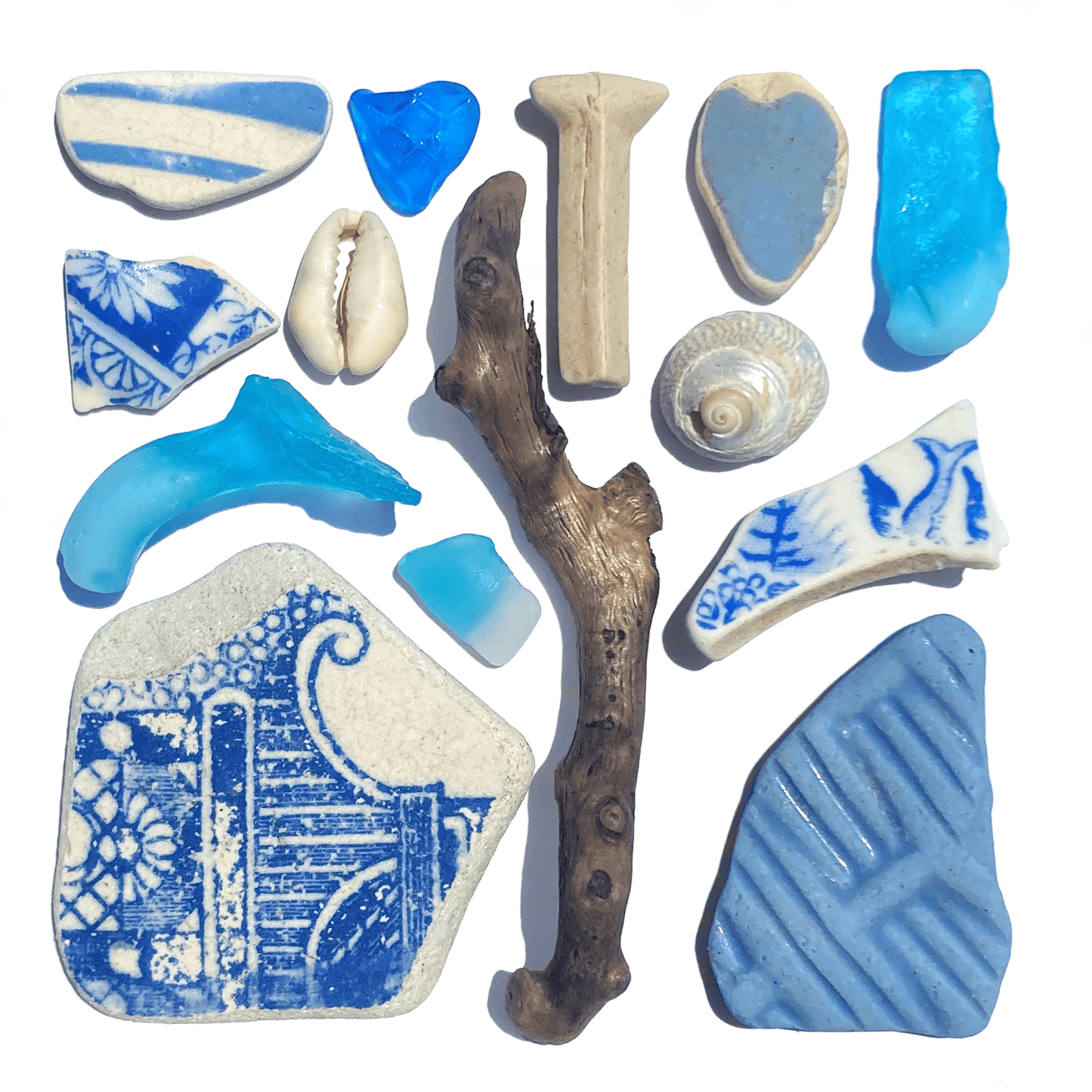 Framed Beach Wall Art - Beachcombing Curiosities Collage - Tranquil Turquoise - Sea Glass, Victorian Pottery, Driftwood - East Neuk Beach Crafts